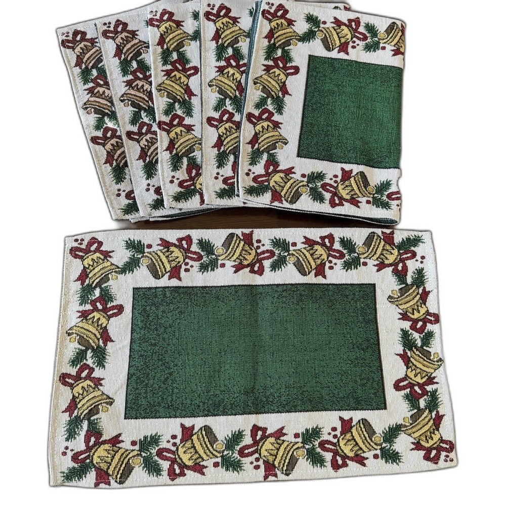 Vintage Christmas Placemats Set of 6 Woven Tapestry Gold Bells Green 19”